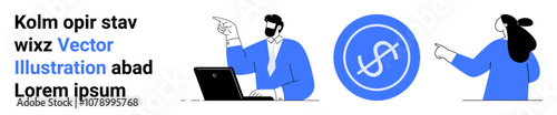 Business professional points at laptop while communicating with colleague who points back. Blue finance icon in center. Ideal for business, teamwork, communication, technology, online meetings