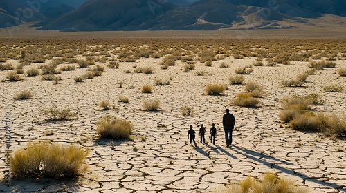 Obraz na plátně Harsh Shadows: A family walks across a sun-scorched plain, their elongated shadows stretching behind them