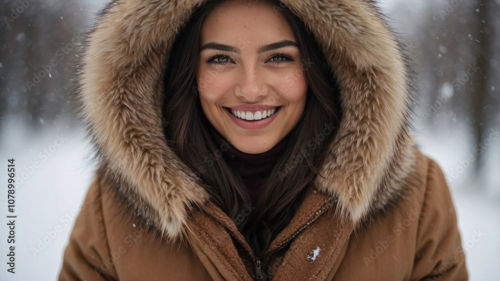 Smiling Woman in Fur-Lined Hood Amid Snowy Winter Scene Smiling Woman in Fur-Lined Hood Amid Snowy Winter Scene