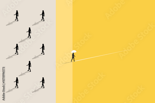 Business woman has to make decision which way to go for his success, Business team or partner go different way, Different or unique concept