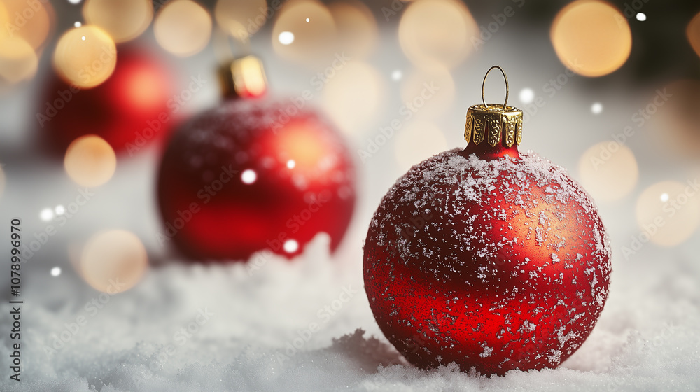 Red Christmas Ornament in Snow with Festive Bokeh Background Red Christmas Ornament in Snow with Festive Bokeh Background