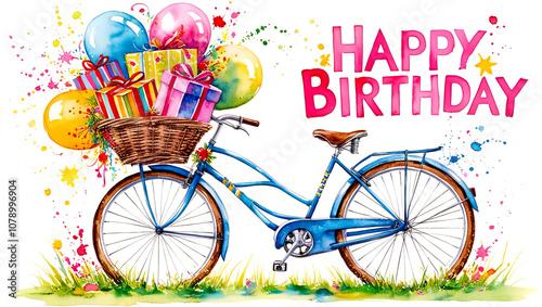 A Festive Birthday Celebration: A colorful and festive image of a bicycle decorated with balloons and gifts. Happy Birthday. Illustration. 2
