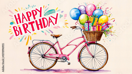 A Festive Birthday Celebration: A colorful and festive image of a bicycle decorated with balloons and gifts. Happy Birthday. Illustration. 1