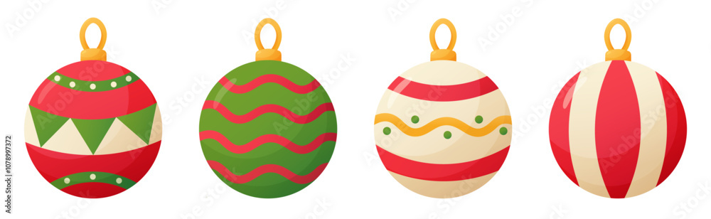 christmas ball set of objects, new year decoration, holiday season, baubles on white background, red, green, white, gold, xmas vector illustration christmas ball set of objects, new year decoration, holiday season, baubles on white background, red, green, white, gold, xmas vector illustration