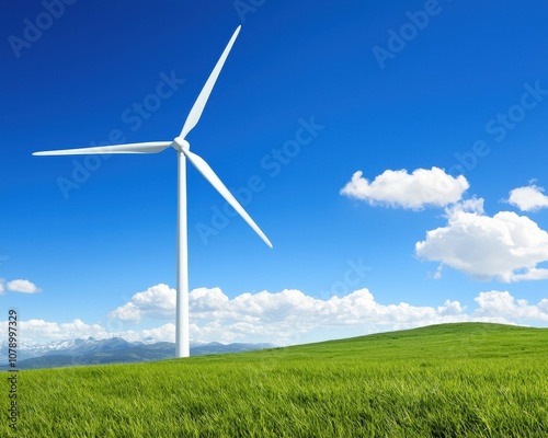 A tall wind turbine stands on a green hill under a bright blue sky with fluffy white clouds, symbolizing renewable energy and sustainability.