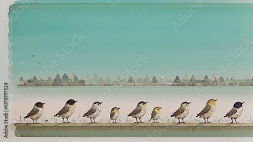 Child's Hand Drawing of Birds Standing on Railings, Whimsical Art Concept