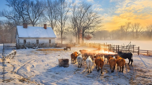 Billede på lærred Snowbound Farm Animals: Cows and horses gather around a feeding trough, their breath visible in the frigid air
