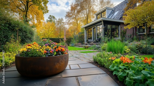 A beautiful classic Dutch Garden with a house in the background and modern elements. Perfect for lifestyle magazines and gardening inspo. photo