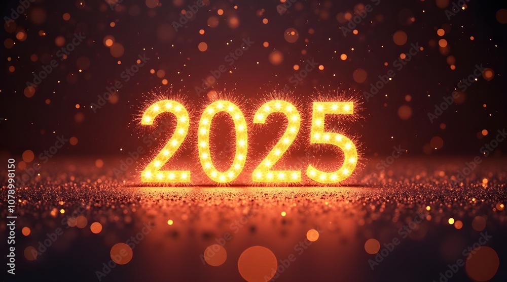 Happy New Year 2025 background with shiny fireworks display with reflected shiny numbers Happy New Year 2025 background with shiny fireworks display with reflected shiny numbers