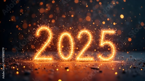 Happy New Year 2025 background with shiny fireworks display with reflected shiny numbers