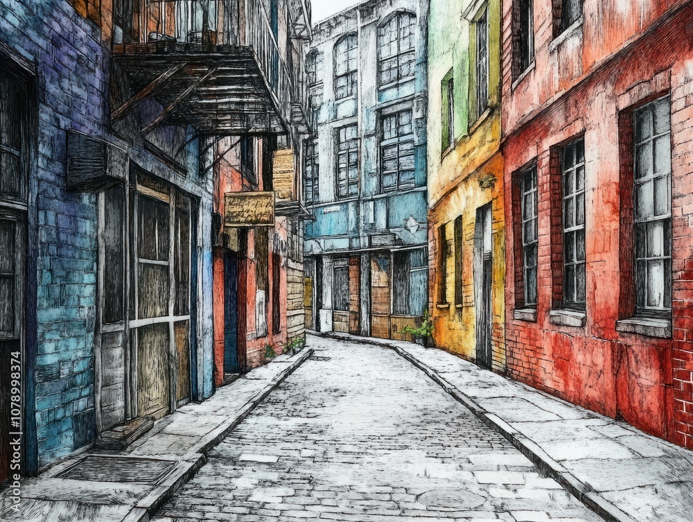 Fototapeta premium City street in style pen art neighborhood alleyway.
