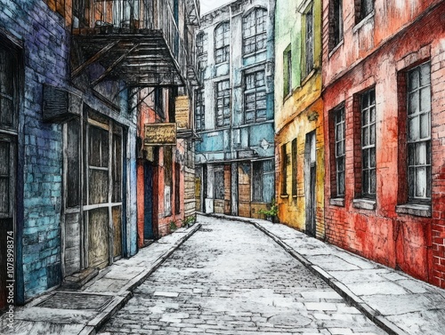 City street in style pen art neighborhood alleyway.