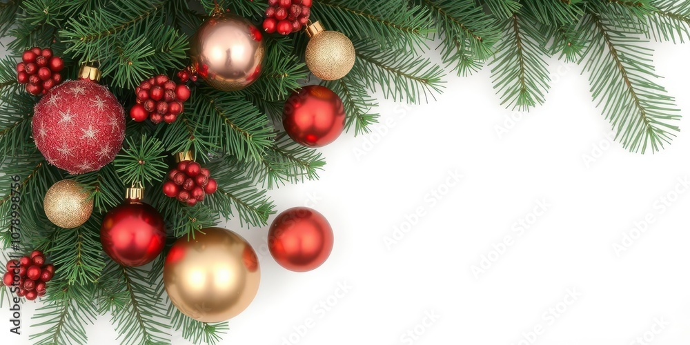 Top view of a festive winter holiday decoration featuring green fir branches and shiny red and gold balls, festive Top view of a festive winter holiday decoration featuring green fir branches and shiny red and gold balls, festive