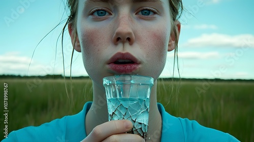 Thirsty Lips: A person sips from a cracked cup, the water rationed carefully. The liquid sustains life, but never enough.  photo