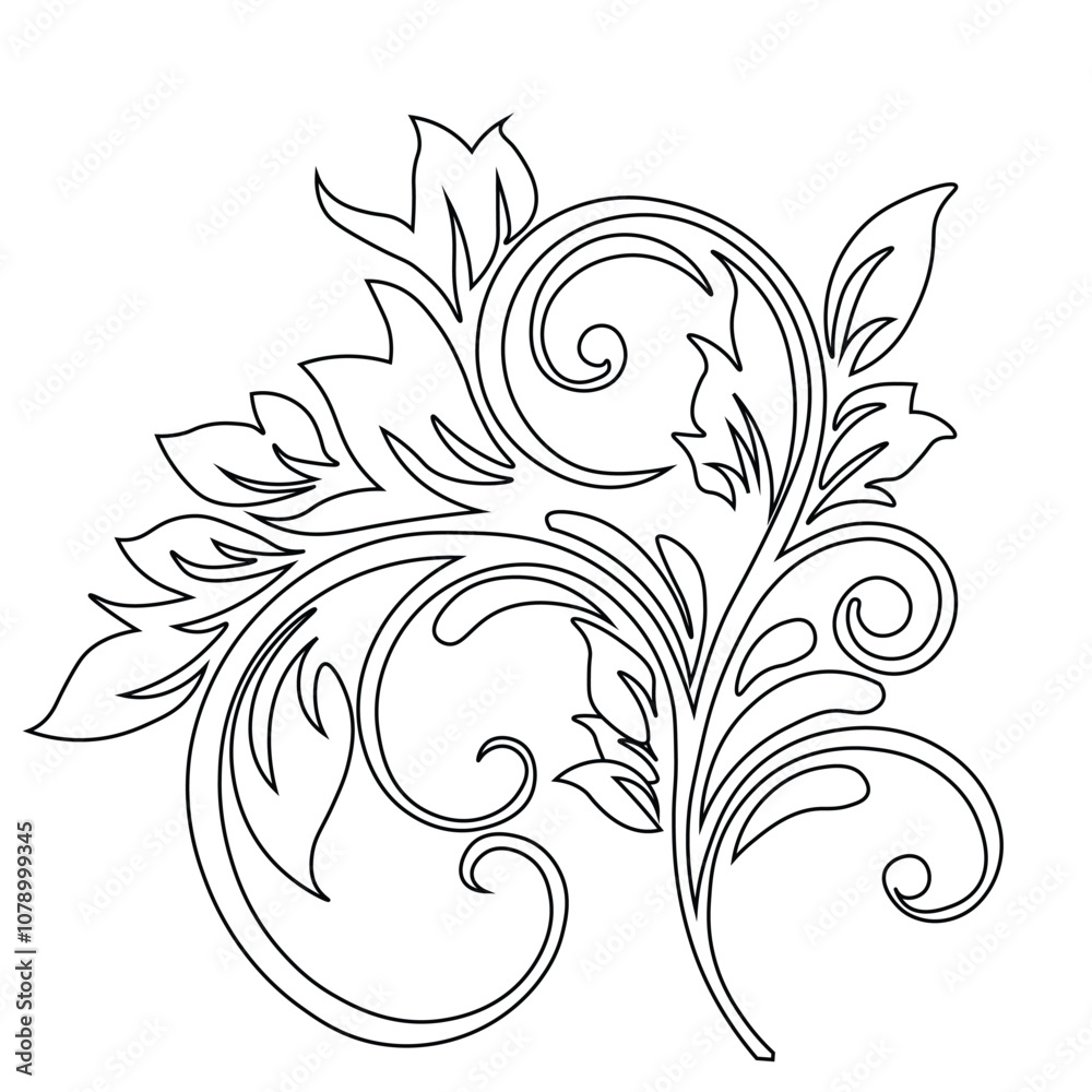 Ornamental Floral Design A classic black and white floral design element featuring elegant, curved leaves and intricate detailing. Perfect for use in decorative borders, logos Ornamental Floral Design A classic black and white floral design element featuring elegant, curved leaves and intricate detailing. Perfect for use in decorative borders, logos