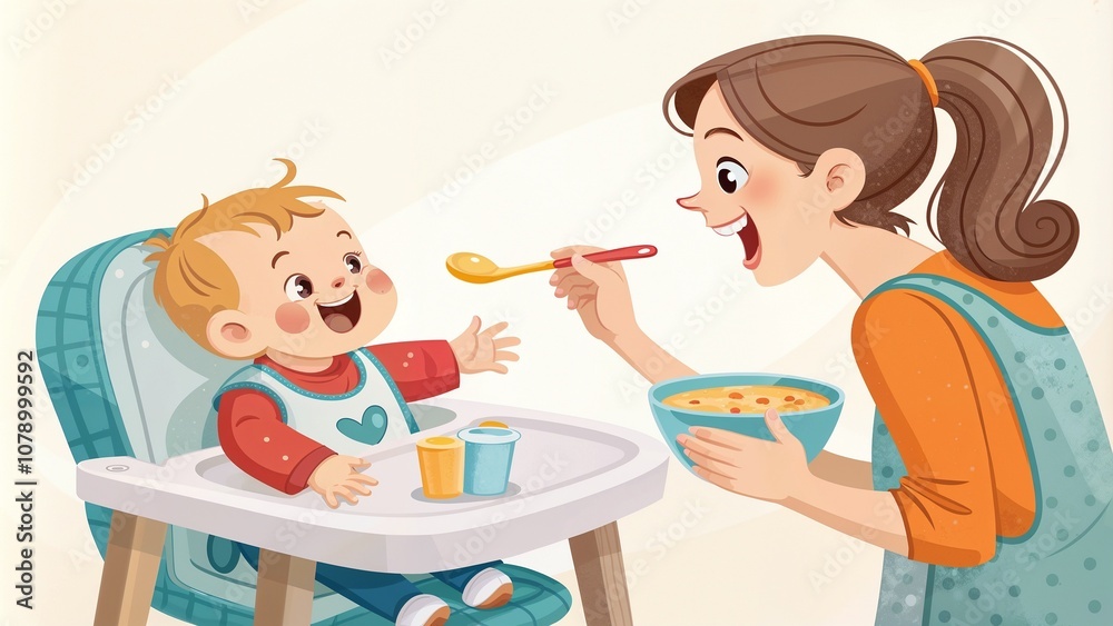 Mother feeding happy baby with spoon at high chair in bright kitchen Mother feeding happy baby with spoon at high chair in bright kitchen