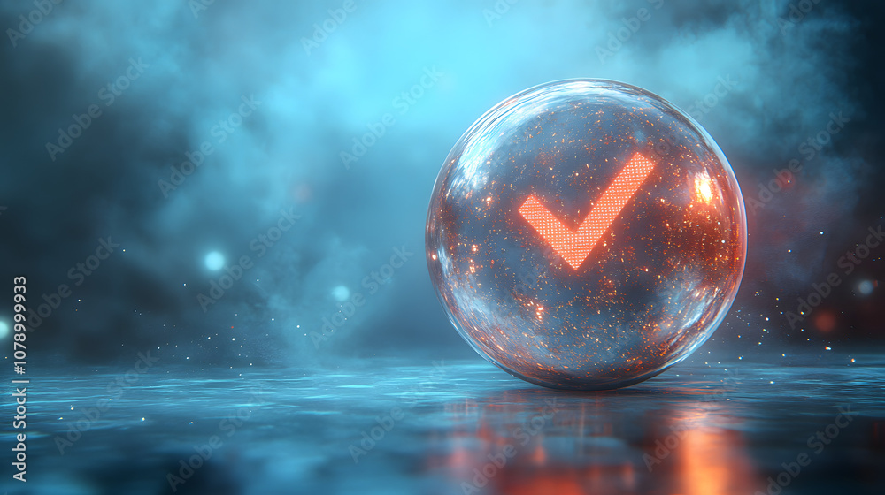 3D icon of a checkmark inside a sphere, on a dark blue background symbolizing completion, approval, and success
3D icon of a checkmark inside a sphere, on a dark blue background symbolizing completion, approval, and success