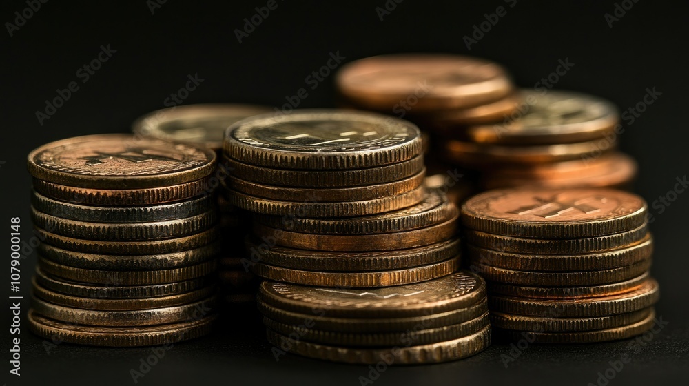 Stacked coins and graphs, representing strong economy Stacked coins and graphs, representing strong economy