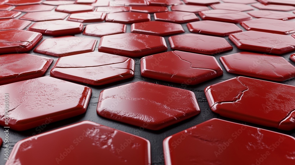 Obraz premium A network of red octagonal tiles, some raised and others recessed, creating a tactile 3D surface with a glossy finish and subtle reflections.