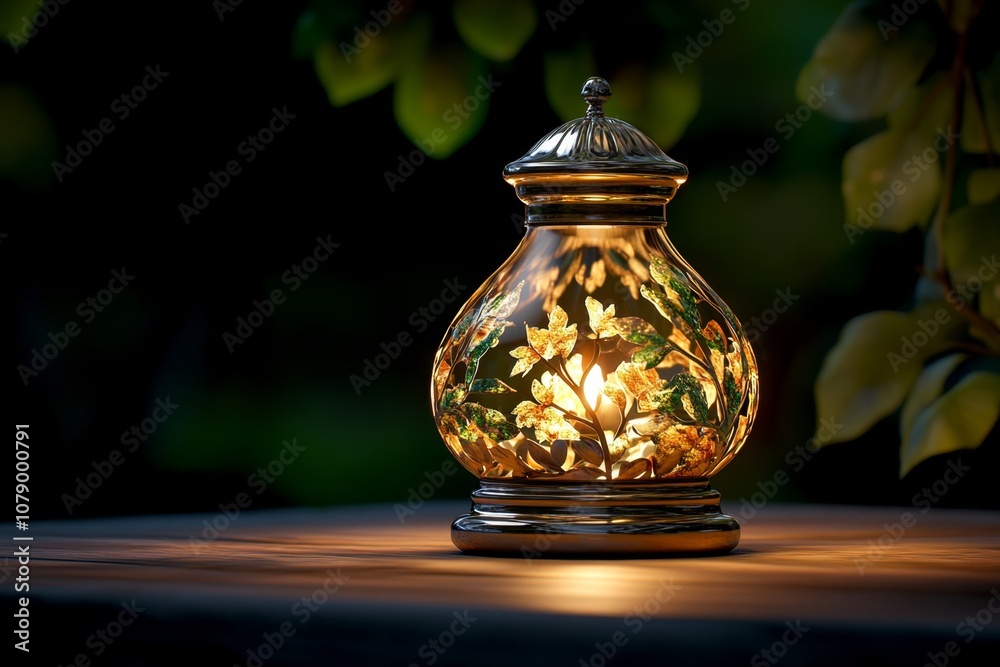 A traditional oil lamp on a rustic table, with warm light casting shadows around A traditional oil lamp on a rustic table, with warm light casting shadows around