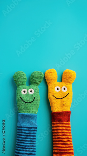 Cute sock puppets in vibrant colors, playful and creative, perfect for children activities and imaginative play photo