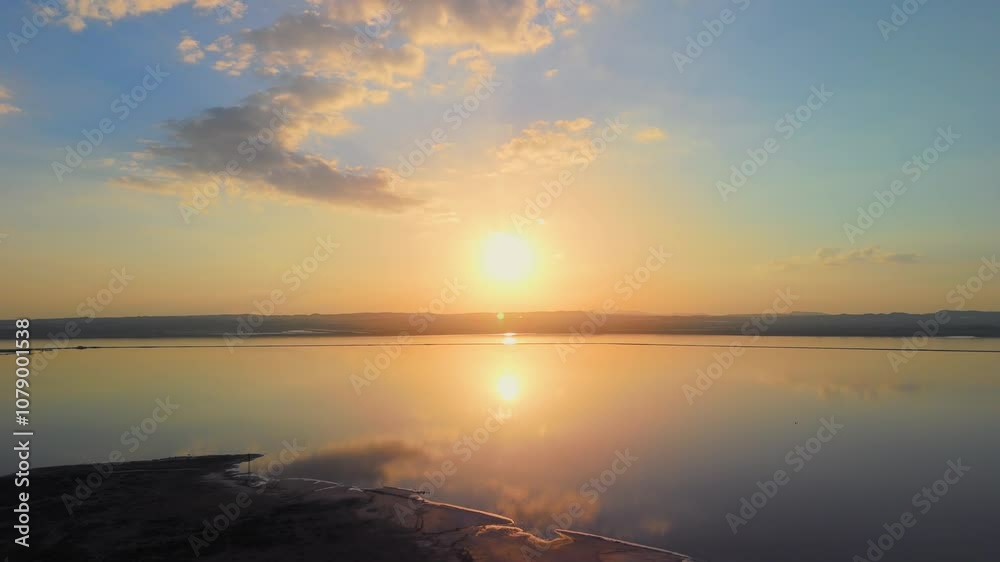 Drone View Clouds drift slowly over a setting sun, creating a stunning reflection on the calm surface of the lake