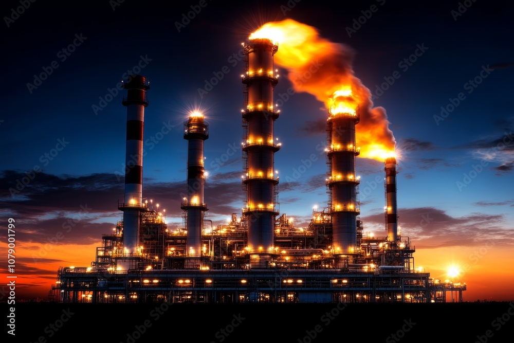 Fototapeta premium An oil refinery plant with pipes, towers, and smoke, symbolizing industrial energy production