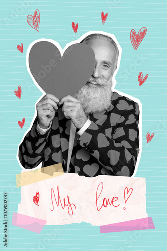 Vertical photo collage of happy old man show like icon heart postcard valentine day romance feelings isolated on painted background photo