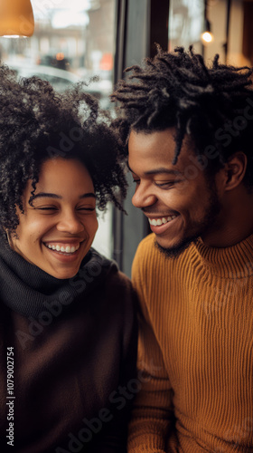 Young couple laughing and sharing coffee at a cozy cafe coffee shop date natural light, soft smiles, warm tones, casual and authentic romance love valentines day youth soft focus background copy space