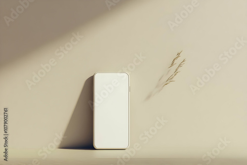 Modern white smartphone mockup on a beige background with dry grass in the upper right corner.