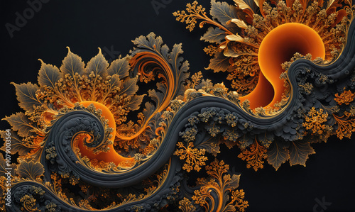 A close-up of a fractal pattern with detailed, intricate designs in black, orange, and gold
