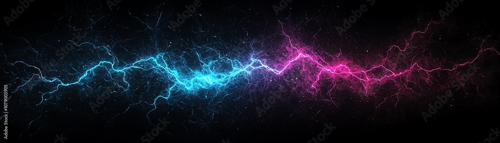 Obraz premium Vibrant electric lightning in blue and pink colors on a dark background.