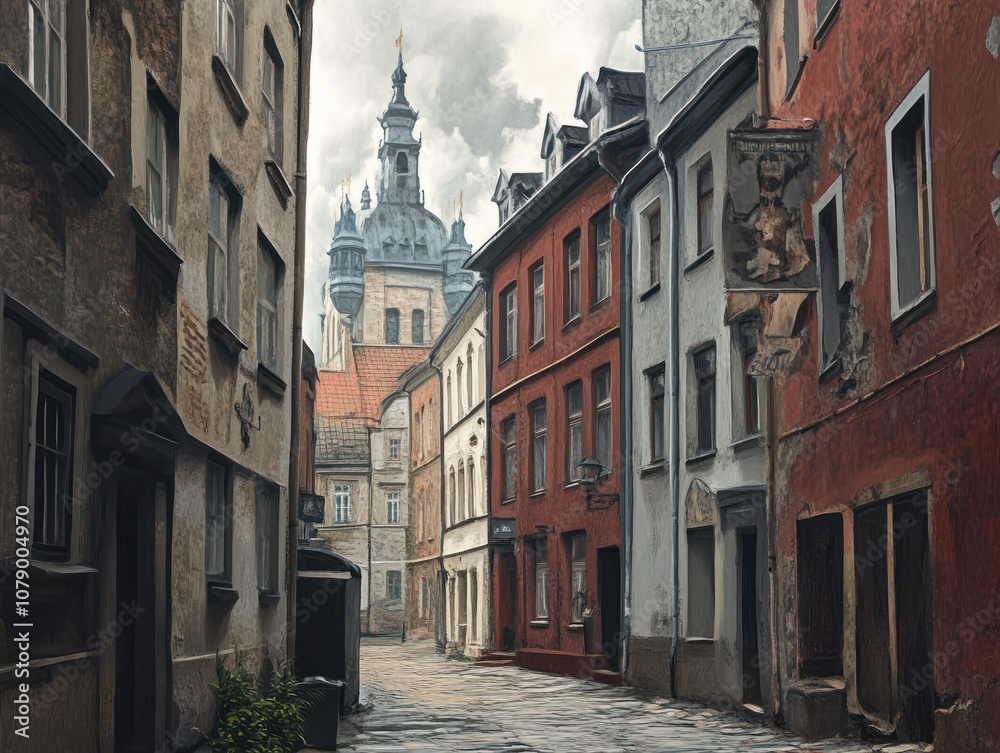 Cityscape of the old town of Riga, Latvia. Digital painting. Cityscape of the old town of Riga, Latvia. Digital painting.