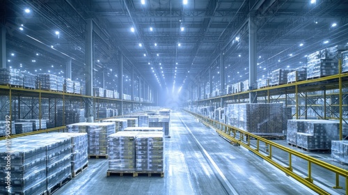 Large empty warehouse with stacked pallets and bright lighting.