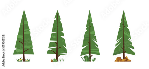 Pine tree landscape icon set, nature panorama illustration in flat style