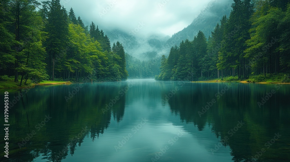 Serene lake surrounded by misty mountains and lush green forests. Serene lake surrounded by misty mountains and lush green forests.
