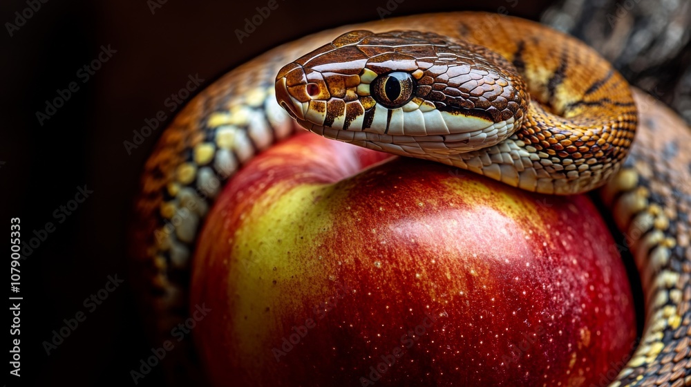 Fototapeta premium Isolated image of a snake coiled around a apple 