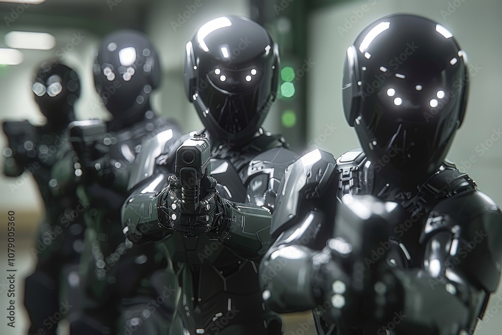 Futuristic robots in sleek black armor aiming weapons in a high-tech corridor during a tense standoff at a research facility