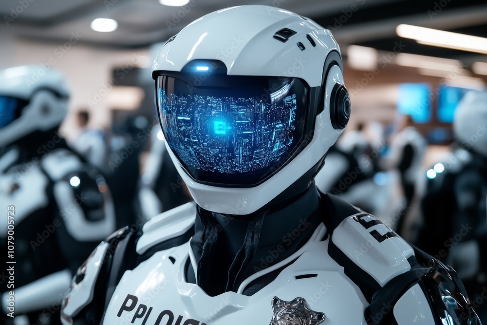 Futuristic police station with holographic monitors and robotic assistants working alongside officers