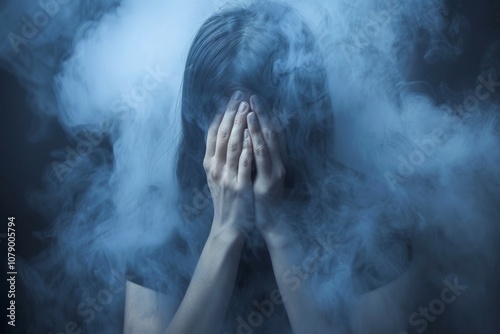 A person experiences emotional distress while sitting in a cloud of fog, conveying feelings of isolation and sadness in a dimly lit environment