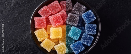 Rainbow Gelatin Candies in a Black Bowl