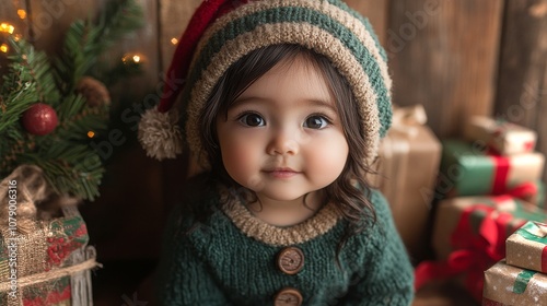 Charming Hispanic baby dressed as a tiny elf surrounded by festive decorations and presents