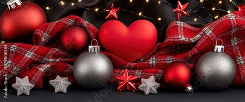 Red and Silver Christmas Ornaments with Heart and Lights