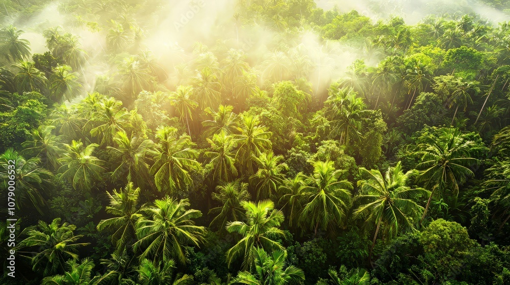 Aerial view of lush green tropical rainforest with fog and sunlight. Aerial view of lush green tropical rainforest with fog and sunlight.