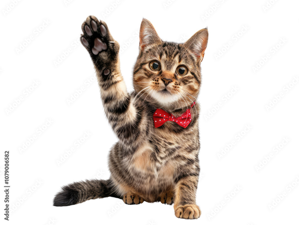 Obraz premium Adorable tabby cat with red bow tie raising paw on transparent background.