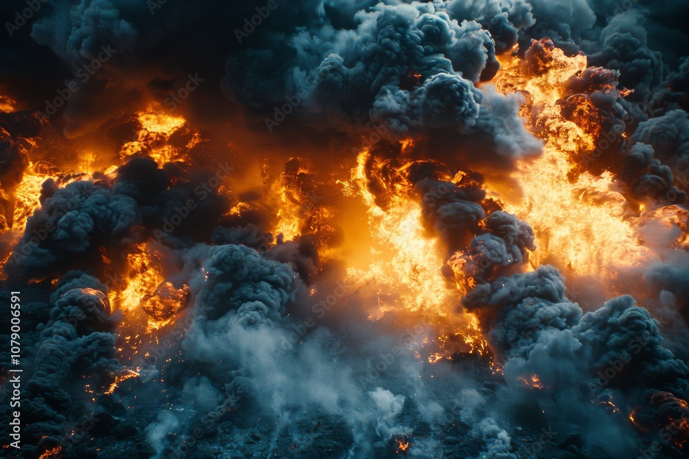Intense flames and thick smoke rise amidst a blazing fire in a forested area, creating a dramatic and hazardous atmosphere