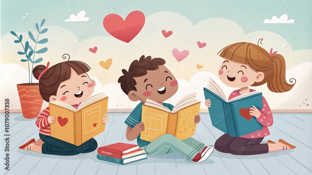 Happy children reading books together and enjoying indoors in vibrant atmosphere Happy children reading books together and enjoying indoors in vibrant atmosphere