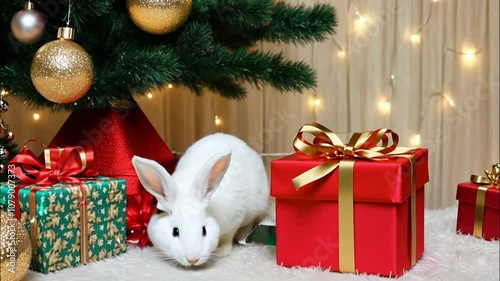Merry Christmas and Happy New Year horizontal video, pet rodents, rabbit