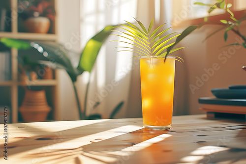 yellow drink on top of a wooden table,