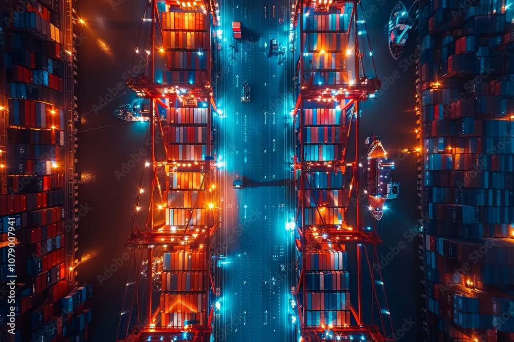 Fototapeta premium Aerial view of containers and docks illuminated at night in a busy shipping port, showcasing vibrant colors and active vessels